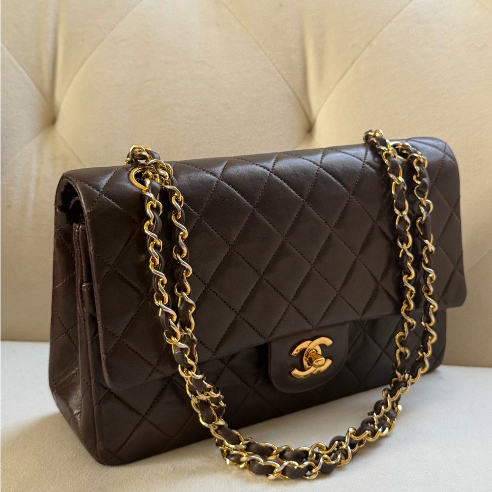 Rare🤎Chanel Classic Double Flap Brown Quilted Lambskin within 24K Gold Plated - Picture 2 of 16